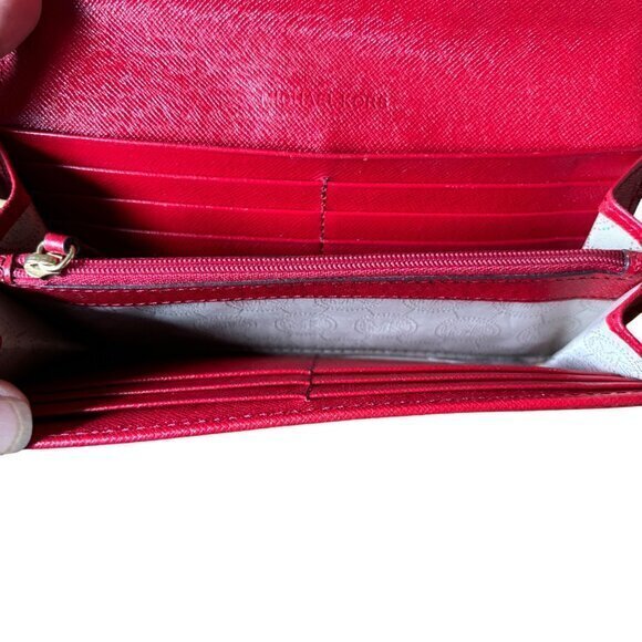 Michael Kors Logo Wallet Red Checkbook Leather Tri Fold Card Change‎ Pockets - Picture 4 of 9